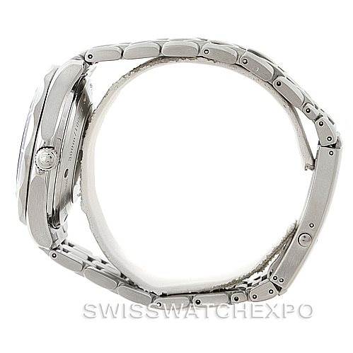 This image shows a side profile of an Omega Seamaster 2535.80.00 Men
s Stainless Steel Blue Dial 2535.80.00 Men
s Stainless Steel Blue Dial watch that highlights the case, crown, and bracelet.