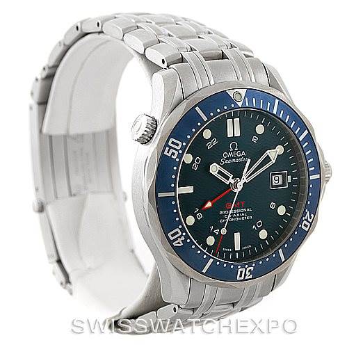 The Omega Seamaster 2535.80.00 Men
s Stainless Steel Blue Dial 2535.80.00 Men
s Stainless Steel Blue Dial watch is shown at an angled side view, highlighting its dial, bezel, crown, and stainless steel bracelet.