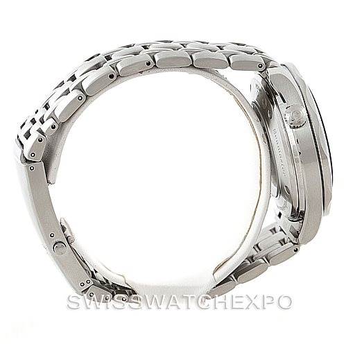 The image shows a side profile of the Omega Seamaster 2535.80.00 Men
s Stainless Steel Blue Dial 2535.80.00 Men
s Stainless Steel Blue Dial watch, highlighting its stainless steel bracelet and crown.