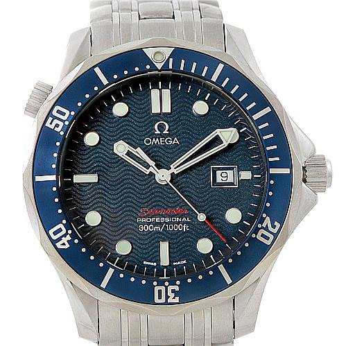The image shows a front view of an Omega Seamaster 2221.80.00 Men
s Stainless Steel Blue Dial 2221.80.00 Men
s Stainless Steel Blue Dial watch, highlighting the dial, bezel, date window, and bracelet.
