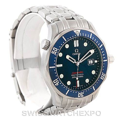 The image shows an Omega Seamaster 2221.80.00 Men
s Stainless Steel Blue Dial 2221.80.00 Men
s Stainless Steel Blue Dial model watch at a slight angle, highlighting its face, bezel, crown, and stainless steel bracelet.