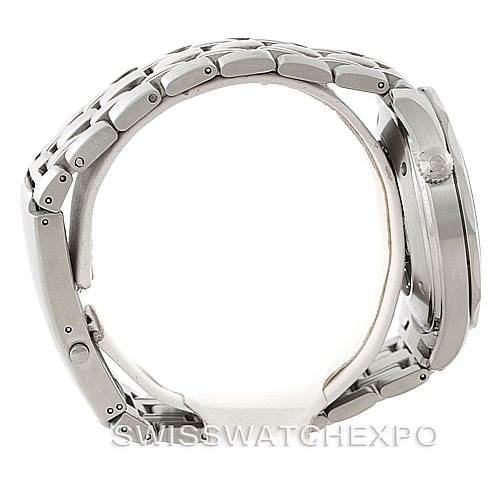 The image shows a side profile of an Omega Seamaster 2221.80.00 Men
s Stainless Steel Blue Dial 2221.80.00 Men
s Stainless Steel Blue Dial watch, highlighting its bracelet, crown, and case.