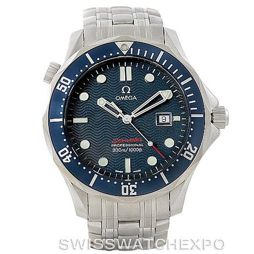 The Omega Seamaster 2221.80.00 Men
s Stainless Steel Blue Dial 2221.80.00 Men
s Stainless Steel Blue Dial watch is shown from a front angle, displaying its face, bezel, and stainless steel bracelet.