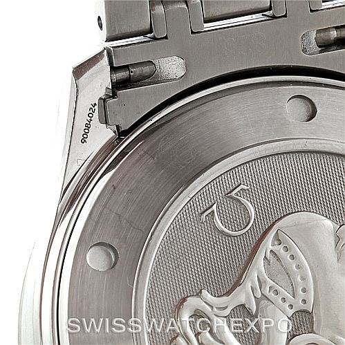 This image shows the back case and part of the bracelet of an Omega Seamaster 2221.80.00 Men
s Stainless Steel Blue Dial 2221.80.00 Men
s Stainless Steel Blue Dial watch, featuring the embossed design.