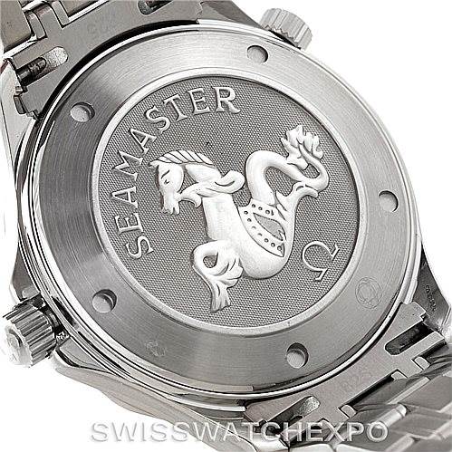 The image shows the back case of the Omega Seamaster 2221.80.00 Men
s Stainless Steel Blue Dial 2221.80.00 Men
s Stainless Steel Blue Dial watch, featuring the Seamaster logo and emblem.