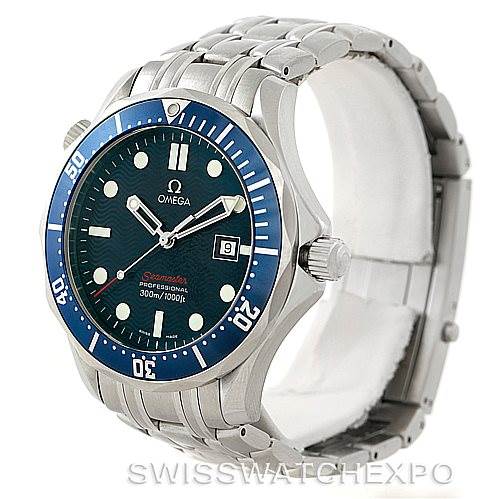 The image shows an Omega Seamaster 2221.80.00 Men
s Stainless Steel Blue Dial 2221.80.00 Men
s Stainless Steel Blue Dial watch from a front angle, showcasing the face, bezel, crown, and stainless steel bracelet.