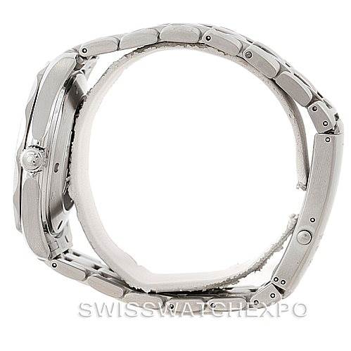 The image shows a side view of the Omega Seamaster 2221.80.00 Men
s Stainless Steel Blue Dial 2221.80.00 Men
s Stainless Steel Blue Dial watch, highlighting the case, crown, and stainless steel bracelet.