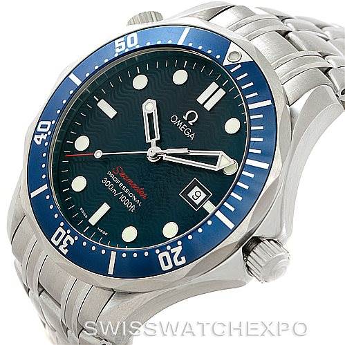 The Omega Seamaster 2221.80.00 Men
s Stainless Steel Blue Dial 2221.80.00 Men
s Stainless Steel Blue Dial watch is shown from an angled view displaying its face, bezel, crown, and part of the bracelet.