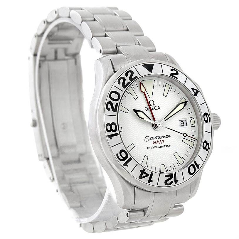 The Omega Seamaster 2538.20.00 Men
s Stainless Steel White Dial 2538.20.00 Men
s Stainless Steel White Dial watch is shown from a three-quarter angle, displaying its face, bezel, crown, and metal bracelet.