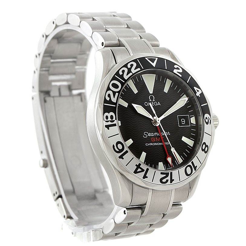 This Omega Seamaster 2234.50.00 Men
s Stainless Steel Black Dial 2234.50.00 Men
s Stainless Steel Black Dial watch is shown at a slight angle displaying its face, bezel, bracelet, and partially open clasp.
