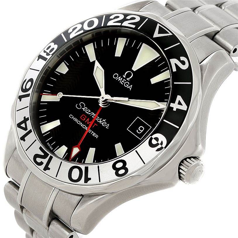 The image shows a close-up angle of the Omega Seamaster 2234.50.00 Men
s Stainless Steel Black Dial 2234.50.00 Men
s Stainless Steel Black Dial watch, featuring the bezel, crown, dial, and part of the stainless steel bracelet.