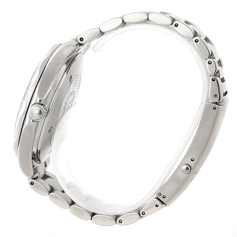 The image shows a side view of the Omega Seamaster 2234.50.00 Men
s Stainless Steel Black Dial 2234.50.00 Men
s Stainless Steel Black Dial watch, focusing on the case, crown, and metal bracelet.