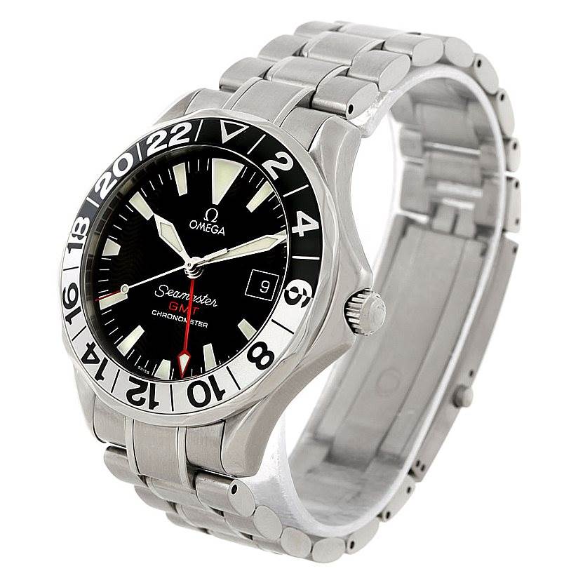 The Omega Seamaster 2234.50.00 Men
s Stainless Steel Black Dial 2234.50.00 Men
s Stainless Steel Black Dial watch is shown at a three-quarter angle, highlighting its face, bezel, crown, and stainless steel bracelet.
