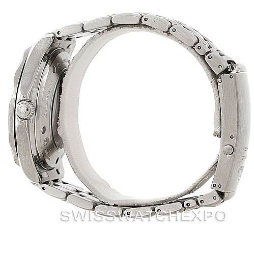 The image shows a side view of an Omega Seamaster 2535.80.00 Men
s Stainless Steel Blue Dial 2535.80.00 Men
s Stainless Steel Blue Dial watch, highlighting its bracelet and case thickness.