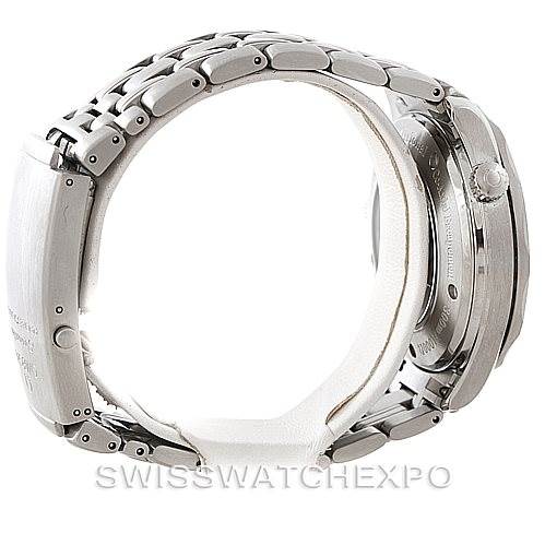 The image shows the side profile of the Omega Seamaster 2535.80.00 Men
s Stainless Steel Blue Dial 2535.80.00 Men
s Stainless Steel Blue Dial watch, focusing on the bracelet, clasp, case back, and crown.