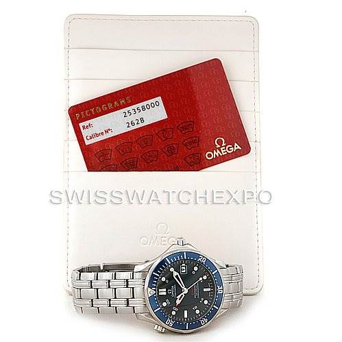 The image shows an Omega Seamaster 2535.80.00 Men
s Stainless Steel Blue Dial 2535.80.00 Men
s Stainless Steel Blue Dial watch and a red Omega card, placed on a white cardholder.