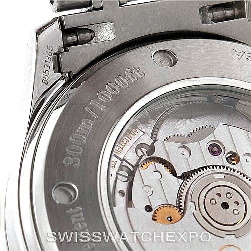 The image shows the backside of the Omega Seamaster 2535.80.00 Men
s Stainless Steel Blue Dial 2535.80.00 Men
s Stainless Steel Blue Dial watch, highlighting its open case back and visible movement components.