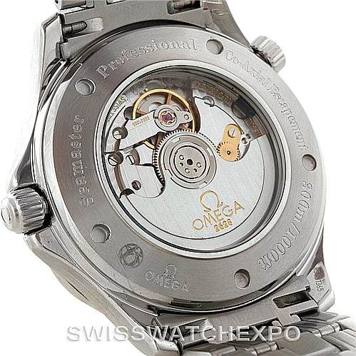 This image shows the back view of the Omega Seamaster 2535.80.00 Men
s Stainless Steel Blue Dial 2535.80.00 Men
s Stainless Steel Blue Dial Professional watch, highlighting its movement and transparent case back.