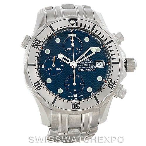 This image shows a front view of the Omega Seamaster 2598.80.00 Men
s Stainless Steel Blue Dial 2598.80.00 Men
s Stainless Steel Blue Dial watch, highlighting its blue dial, subdials, date window, and stainless steel bracelet.