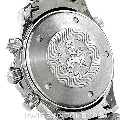 The image shows the stainless steel case back and side buttons of an Omega Seamaster 2598.80.00 Men
s Stainless Steel Blue Dial 2598.80.00 Men
s Stainless Steel Blue Dial watch from a rear angle.