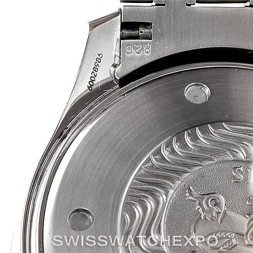 This image shows the back case of the Omega Seamaster 2598.80.00 Men
s Stainless Steel Blue Dial 2598.80.00 Men
s Stainless Steel Blue Dial watch, featuring its engravings and part of the bracelet.