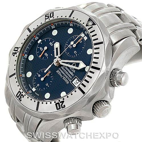 The image shows an angled view of the Omega Seamaster 2598.80.00 Men
s Stainless Steel Blue Dial 2598.80.00 Men
s Stainless Steel Blue Dial watch, highlighting the face, bezel, crown, and part of the bracelet.