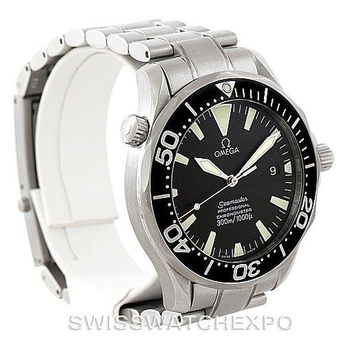 The image shows an Omega Seamaster 2254.50.00 Men
s Stainless Steel Black Dial 2254.50.00 Men
s Stainless Steel Black Dial watch at an angled side view, highlighting the bezel, face, case, and metal bracelet.