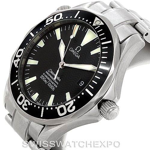 The image shows a side angle of an Omega Seamaster 2254.50.00 Men
s Stainless Steel Black Dial 2254.50.00 Men
s Stainless Steel Black Dial watch, displaying the face, bezel, crown, and part of the bracelet.