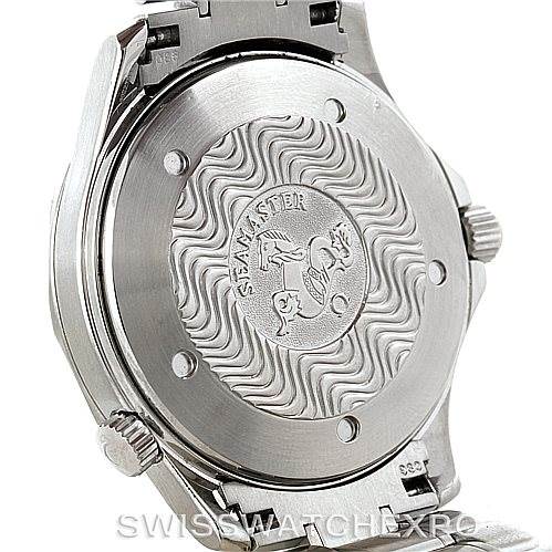 The image shows the back case of an Omega Seamaster 2254.50.00 Men
s Stainless Steel Black Dial 2254.50.00 Men
s Stainless Steel Black Dial watch, highlighting the engraved emblem and wave pattern.