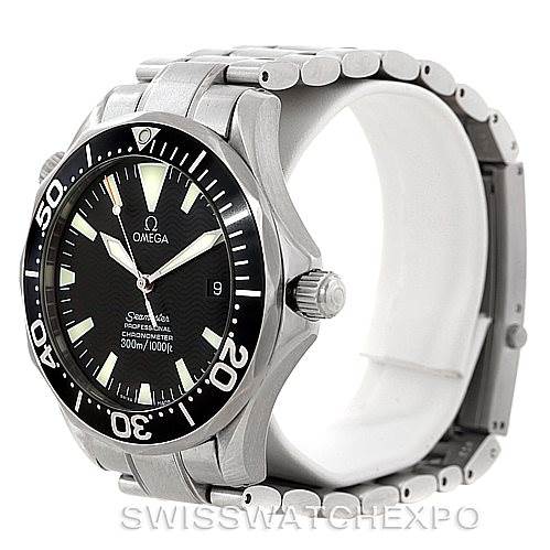The image shows a side angle of the Omega Seamaster 2254.50.00 Men
s Stainless Steel Black Dial 2254.50.00 Men
s Stainless Steel Black Dial watch, highlighting the bezel, crown, and part of the bracelet.