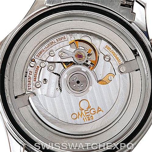 The image shows the back view of an Omega Seamaster 2254.50.00 Men
s Stainless Steel Black Dial 2254.50.00 Men
s Stainless Steel Black Dial watch, revealing its automatic movement and inner mechanics.