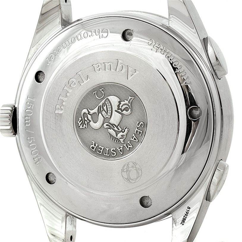 This is the case back of the Omega Seamaster 2513.30.00 Men
s Stainless Steel Silver Dial 2513.30.00 Men
s Stainless Steel Silver Dial Aqua Terra, showing its engravings and logo.