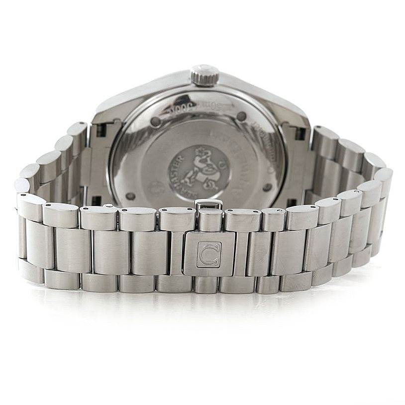 The image shows the back of an Omega Seamaster 2513.30.00 Men
s Stainless Steel Silver Dial 2513.30.00 Men
s Stainless Steel Silver Dial watch, focusing on its stainless steel case back and bracelet clasp.
