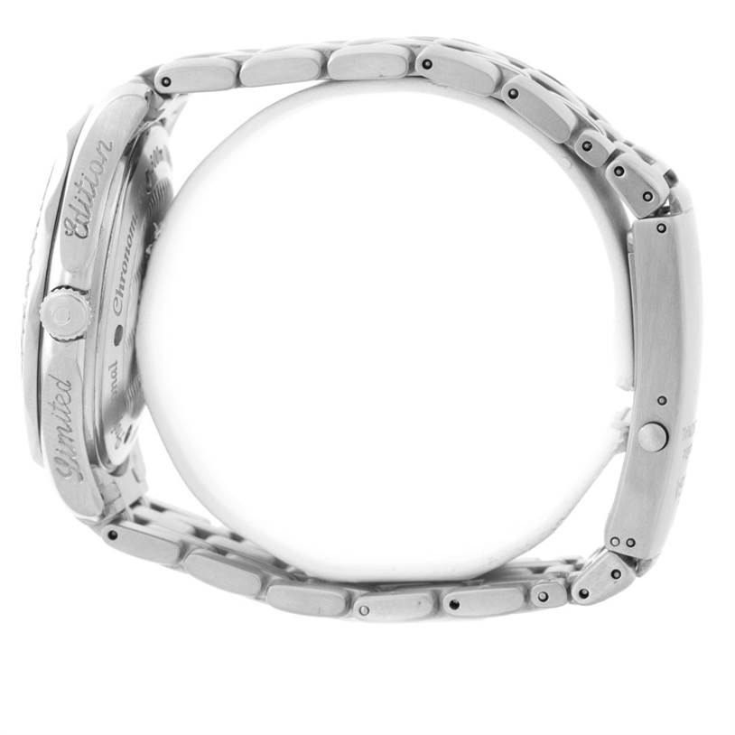 The image shows a side view of the Omega Seamaster 2533.50.00 Men
s Stainless Steel Black Dial 2533.50.00 Men
s Stainless Steel Black Dial watch, highlighting the bezel, crown, and metal bracelet.