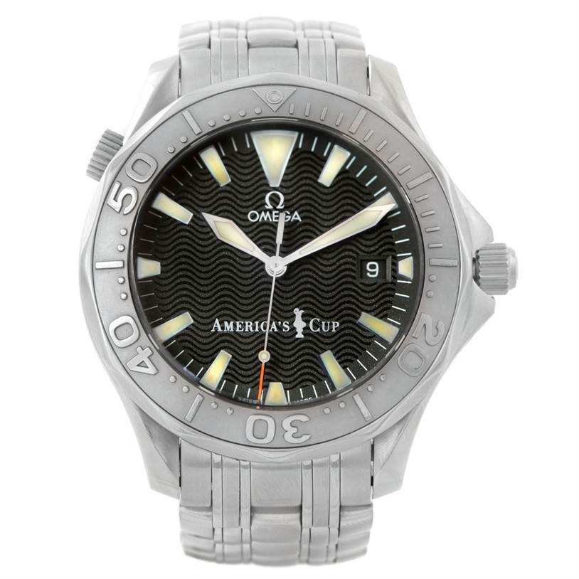 The Omega Seamaster 2533.50.00 Men
s Stainless Steel Black Dial 2533.50.00 Men
s Stainless Steel Black Dial watch is shown from the front, displaying the face, bezel, and part of the bracelet.