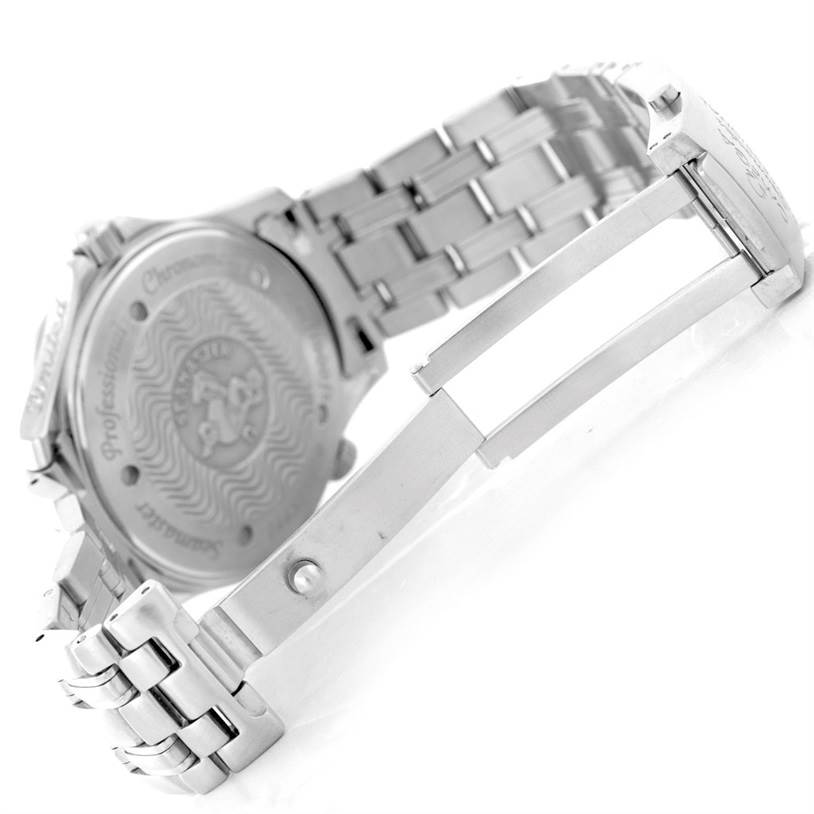 The image shows the back case and part of the metal bracelet of an Omega Seamaster 2533.50.00 Men
s Stainless Steel Black Dial 2533.50.00 Men
s Stainless Steel Black Dial watch from an angled perspective.