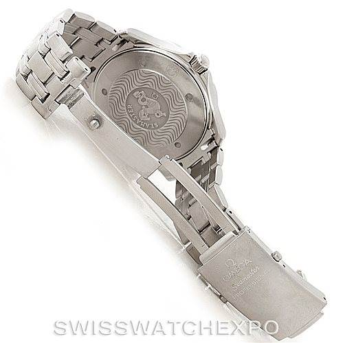 This image shows the back case and partially open clasp of an Omega Seamaster 2531.80.00 Men
s Stainless Steel Blue Dial 2531.80.00 Men
s Stainless Steel Blue Dial watch at an angle.