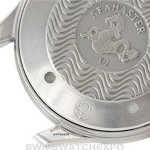 The image shows the engraved case back of an Omega Seamaster 2531.80.00 Men
s Stainless Steel Blue Dial 2531.80.00 Men
s Stainless Steel Blue Dial watch, featuring the wave pattern and the Seamaster logo.