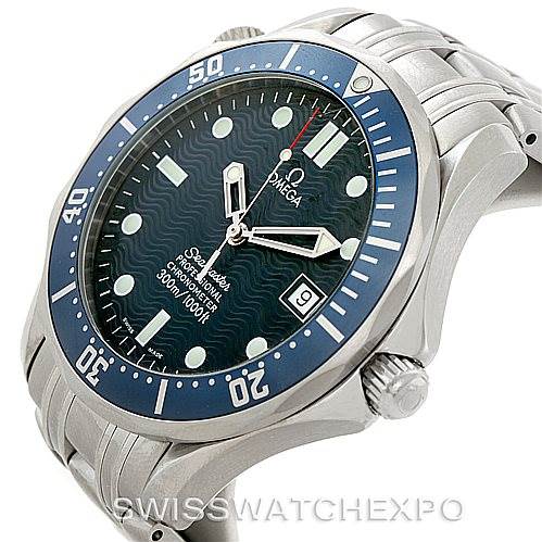 The Omega Seamaster 2531.80.00 Men
s Stainless Steel Blue Dial 2531.80.00 Men
s Stainless Steel Blue Dial watch is shown at a tilted angle, highlighting its face, bezel, crown, and partial bracelet.