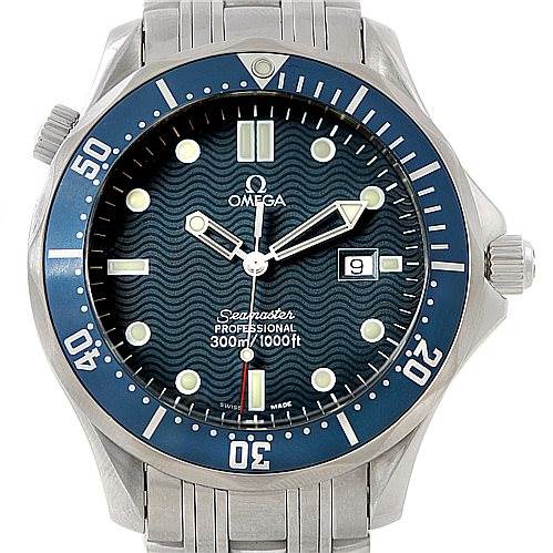 The image shows a front view of the Omega Seamaster 2541.80.00 Men
s Stainless Steel Blue Dial 2541.80.00 Men
s Stainless Steel Blue Dial watch, highlighting the dial, bezel, and bracelet.