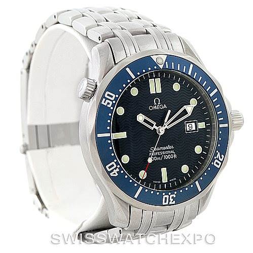 The watch is an Omega Seamaster 2541.80.00 Men
s Stainless Steel Blue Dial 2541.80.00 Men
s Stainless Steel Blue Dial model shown from an angled side view highlighting the bezel, dial, bracelet, and crown.
