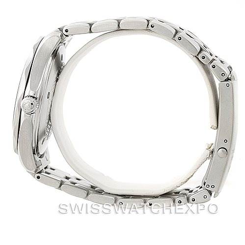 The image shows a side view of the Omega Seamaster 2541.80.00 Men
s Stainless Steel Blue Dial 2541.80.00 Men
s Stainless Steel Blue Dial watch, highlighting the case, crown, and bracelet.