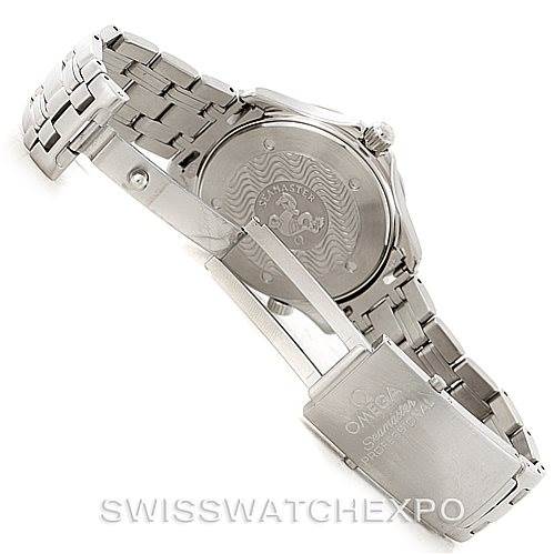 The image shows the Omega Seamaster 2541.80.00 Men
s Stainless Steel Blue Dial 2541.80.00 Men
s Stainless Steel Blue Dial watch from the back angle, highlighting the case back and bracelet clasp.