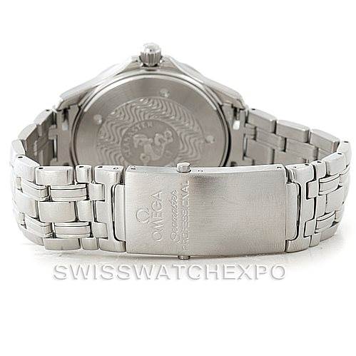 The image shows the back view of an Omega Seamaster 2541.80.00 Men
s Stainless Steel Blue Dial 2541.80.00 Men
s Stainless Steel Blue Dial watch, highlighting its case back and stainless steel bracelet.