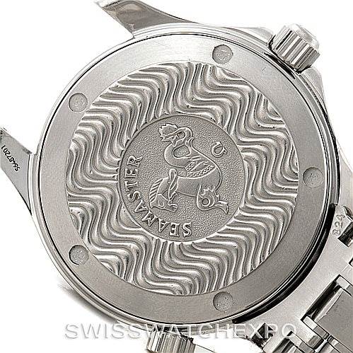 The image shows the back case and part of the bracelet of an Omega Seamaster 2561.80.00 Men
s Stainless Steel Blue Dial 2561.80.00 Men
s Stainless Steel Blue Dial watch with an engraved wave pattern and the Seamaster logo.