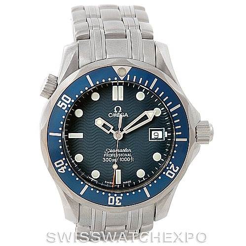 The image shows a front view of an Omega Seamaster 2561.80.00 Men
s Stainless Steel Blue Dial 2561.80.00 Men
s Stainless Steel Blue Dial wristwatch, highlighting the dial, bezel, bracelet, and crown.