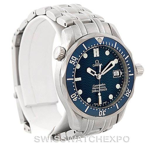 The image shows an Omega Seamaster 2561.80.00 Men
s Stainless Steel Blue Dial 2561.80.00 Men
s Stainless Steel Blue Dial watch angled to display the face, bezel, crown, and part of the bracelet.