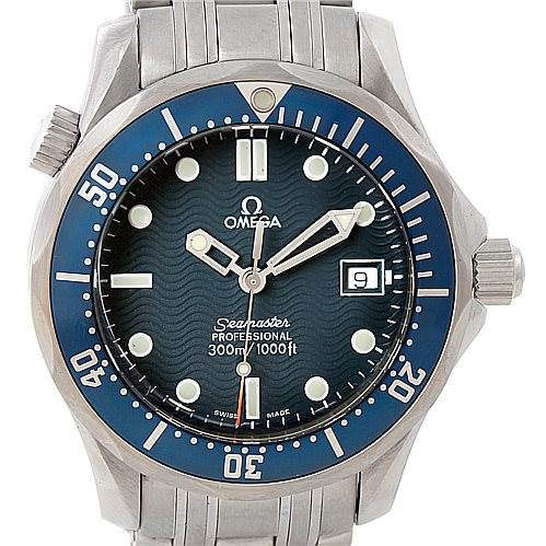 The image shows a front view of the Omega Seamaster 2561.80.00 Men
s Stainless Steel Blue Dial 2561.80.00 Men
s Stainless Steel Blue Dial watch, displaying the dial, hands, bezel, crown, and part of the bracelet.