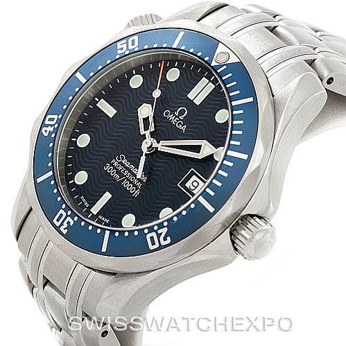 The Omega Seamaster 2561.80.00 Men
s Stainless Steel Blue Dial 2561.80.00 Men
s Stainless Steel Blue Dial watch is shown at a slight front angle, displaying the face, bezel, and part of the bracelet.