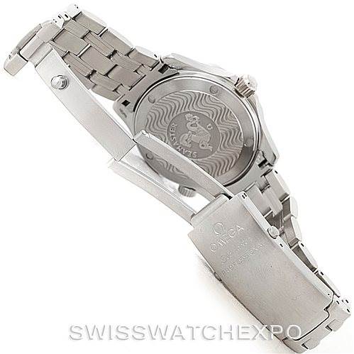 This image shows the rear view and clasp area of the Omega Seamaster 2561.80.00 Men
s Stainless Steel Blue Dial 2561.80.00 Men
s Stainless Steel Blue Dial
s metal bracelet and case back.